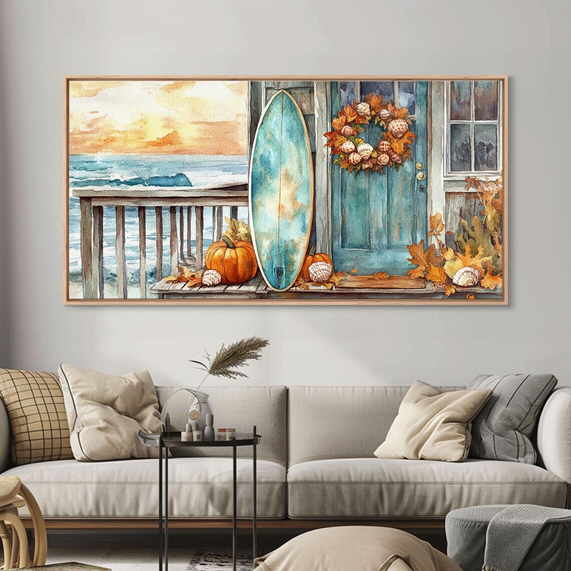 Coastal Surfboard Pumpkins Autumn Door Wreath Beach Fall Decor Art Poster