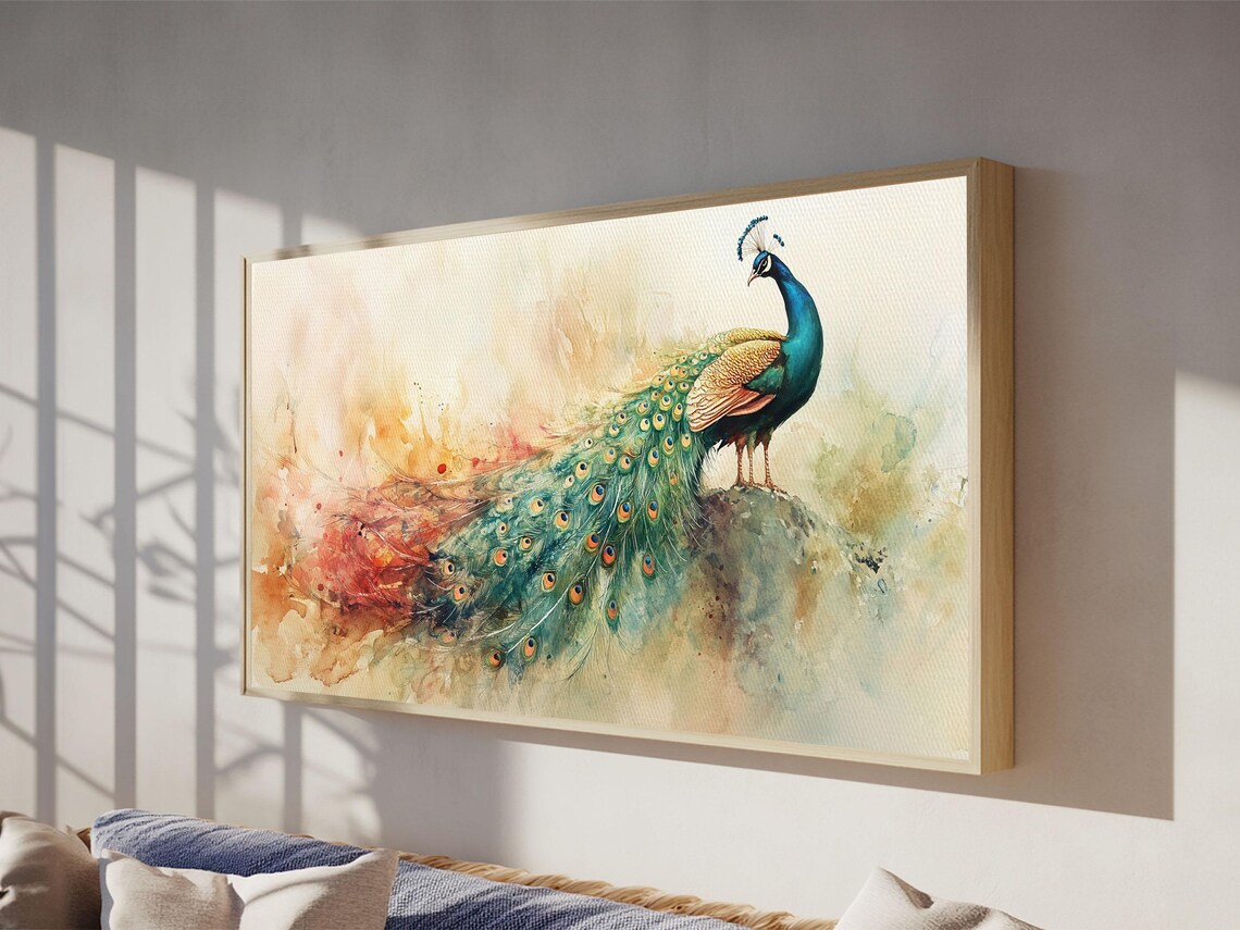 Majestic Peacock Iridescent Tail Warm Watercolor Wildlife Art Poster - Image 2