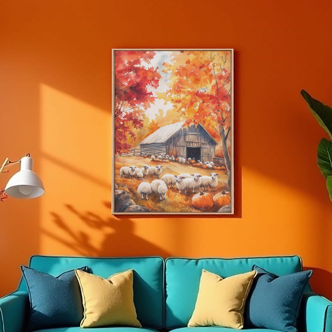 Sheep Farm In Fall With Pumpkins And Rustic Barn Scene Poster - Image 2