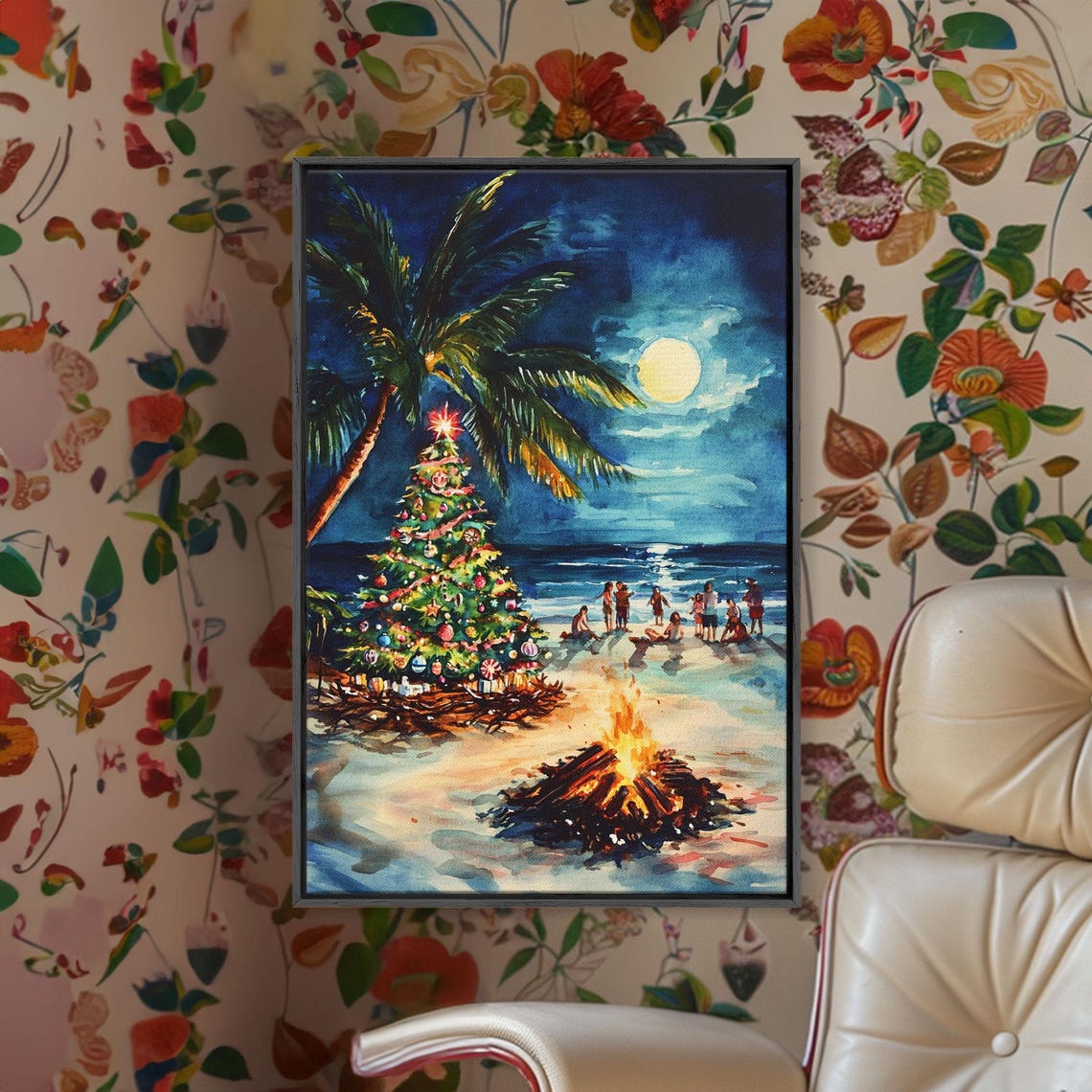 Tropical Beach Christmas Tree Bonfire At Night Ocean Waves Poster - Image 4