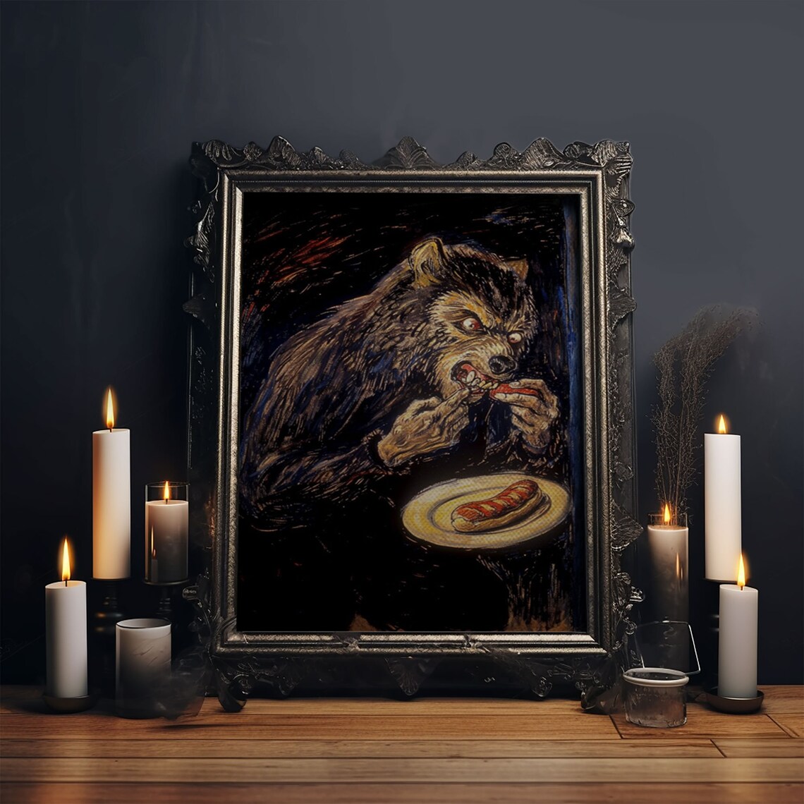 Surreal Dark Werewolf Eating Hot Dog Spooky Painterly Halloween Art Poster - Image 5
