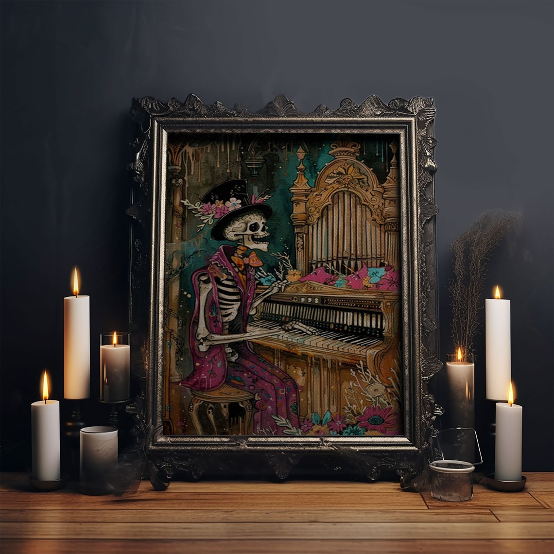 Skeleton Organ Player Flower Top Hat Gothic Church Art Poster - Image 5