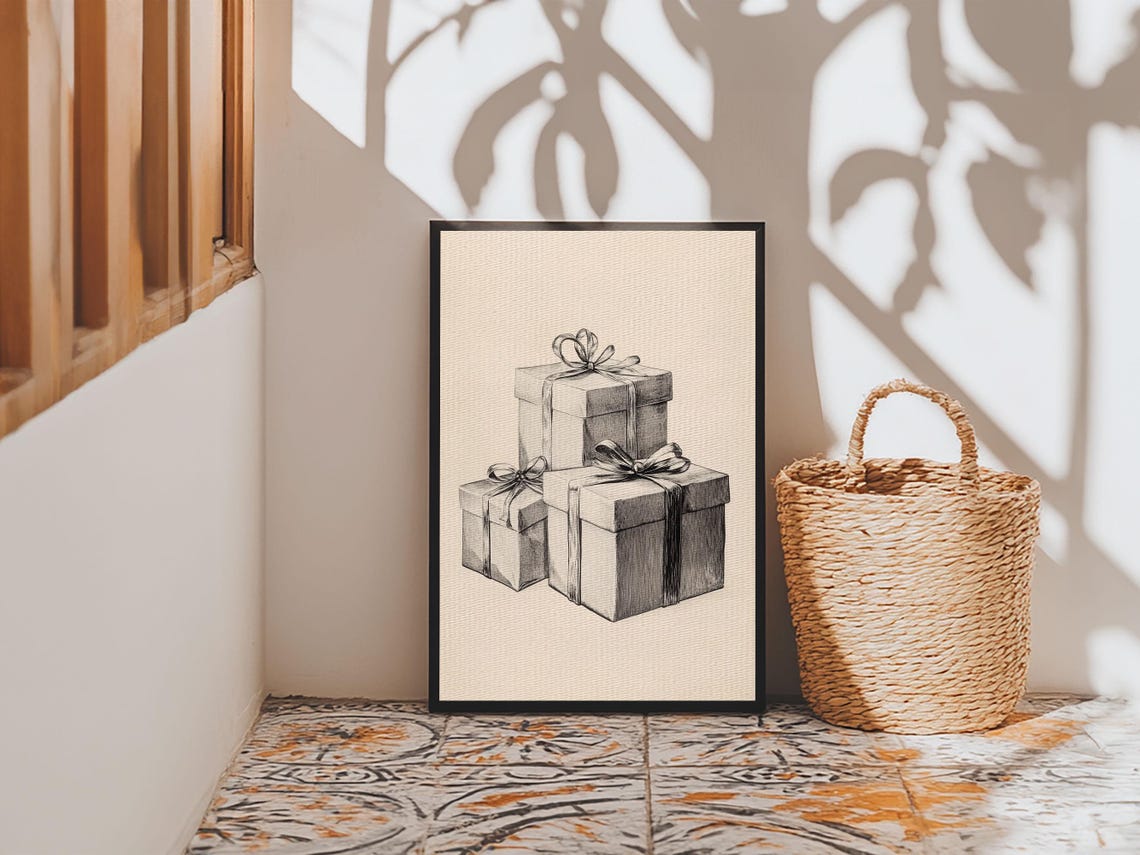 Stacked Christmas Gift Boxes Pencil Sketch Minimalist Holiday Poster - Image 2