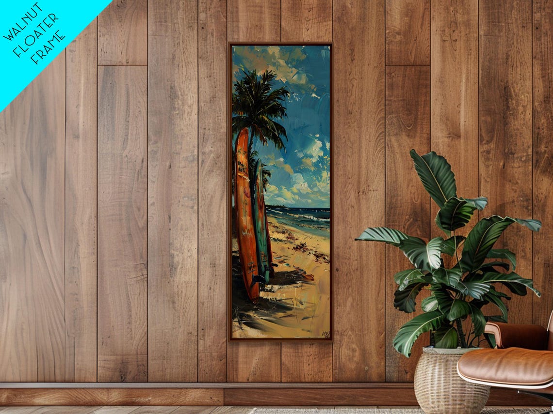 Two Vintage Surfboards Standing On Sandy Beach Under Palm Tree Poster - Image 3