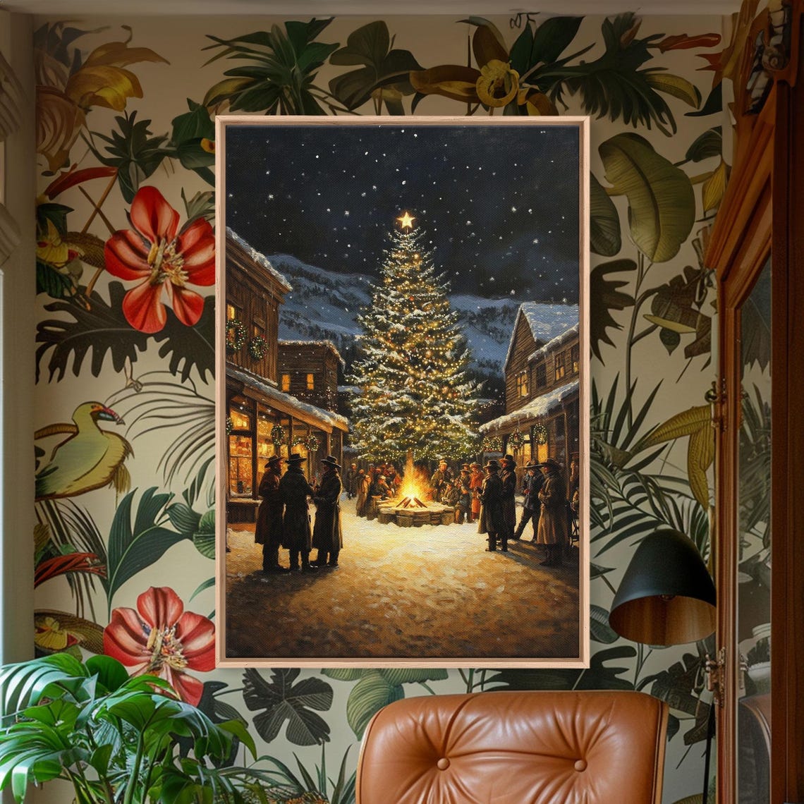 Western Town Christmas Eve Gathering Around Bonfire Tree Poster - Image 4
