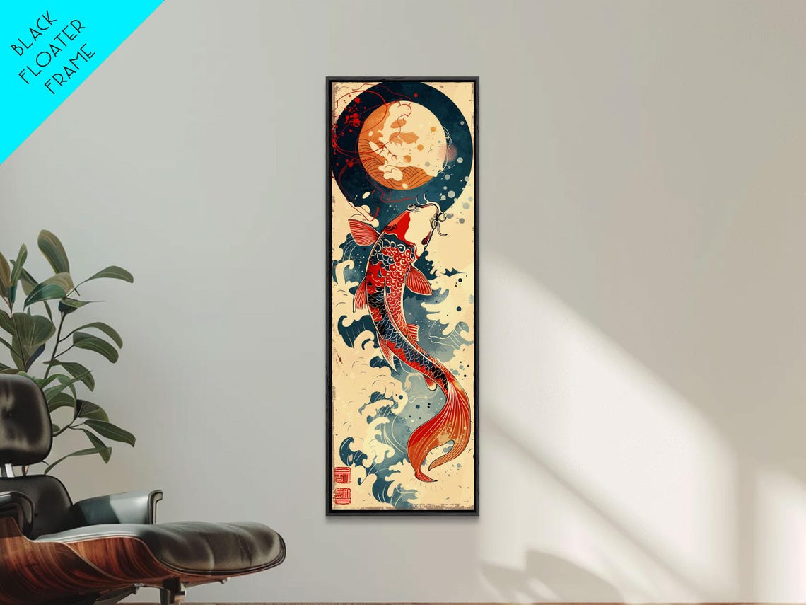 Vibrant Red Koi Fish Swimming Toward Moon Japanese Art Print