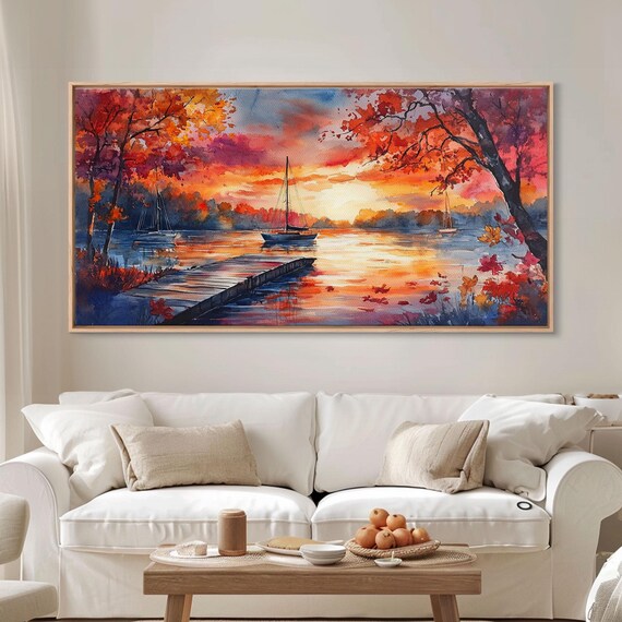 Fall Landscape Art Print Sunset On Lake Sailboats Moody Landscape Holiday Wall Art Vintage Fall Decor Gift Idea Autumn Wall Art