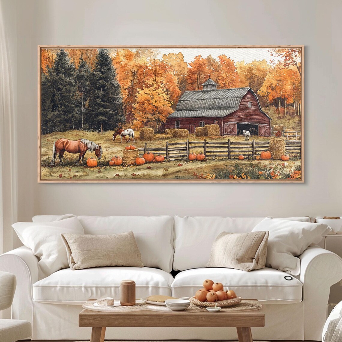 Autumn Barn Pumpkin Horses Rustic Fall Art Print - Image 3