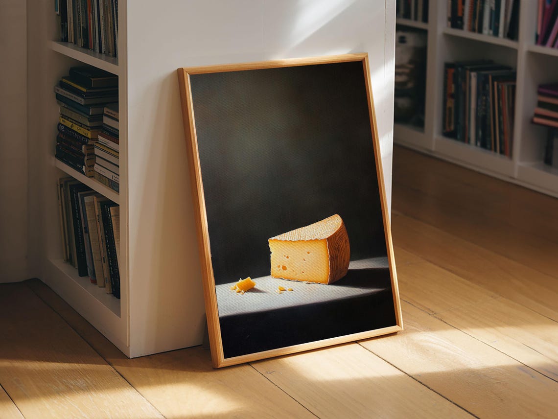 Golden Cheese Wedge Minimalist Still Life Dark Moody Kitchen Wall Art - Image 3