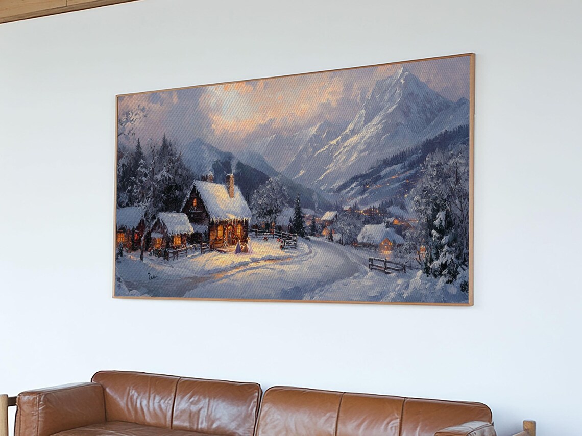 Christmas Mountain Village Oil Painting Print Framed Retro Christmas Christmas Mountain Landscape Painting Christmas Art - Image 2