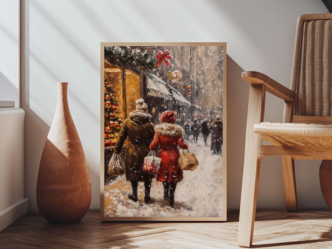 Snowy Christmas Shopping Street Vintage Holiday Scene Wall Art - Image 5