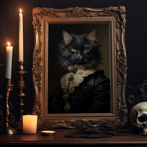 Victorian Black Cat Portrait Lace Dress Funny Halloween Wall Art Print