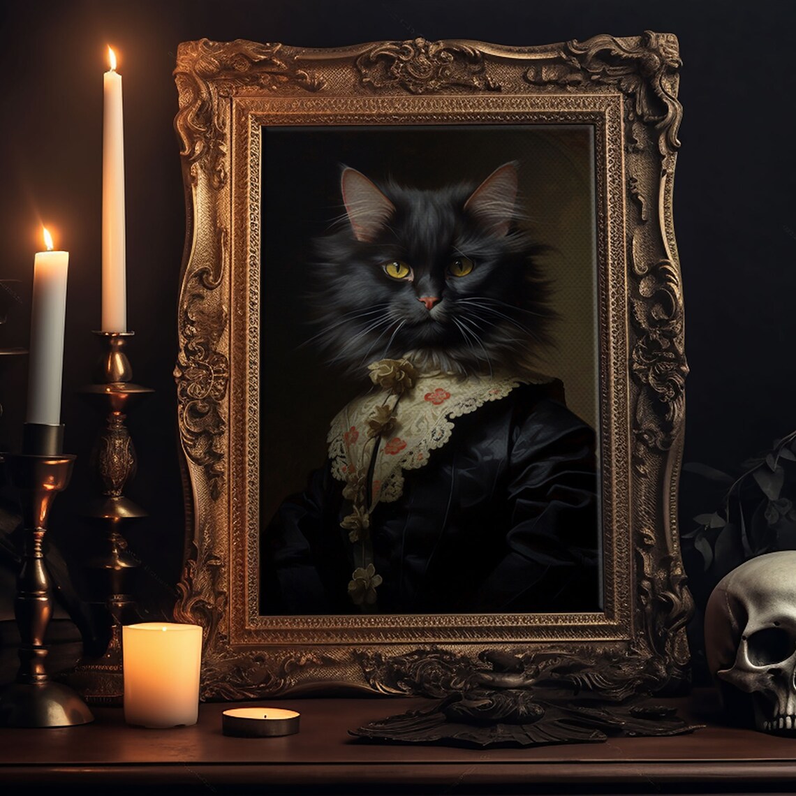 Victorian Black Cat Portrait Lace Dress Funny Halloween Wall Art Print