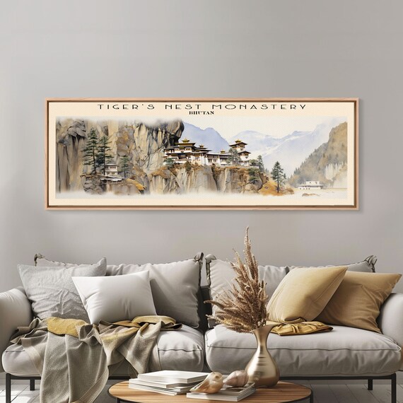 Tigers Nest Monastery Bhutan Cliffside Temple Mountain Watercolor Travel Poster
