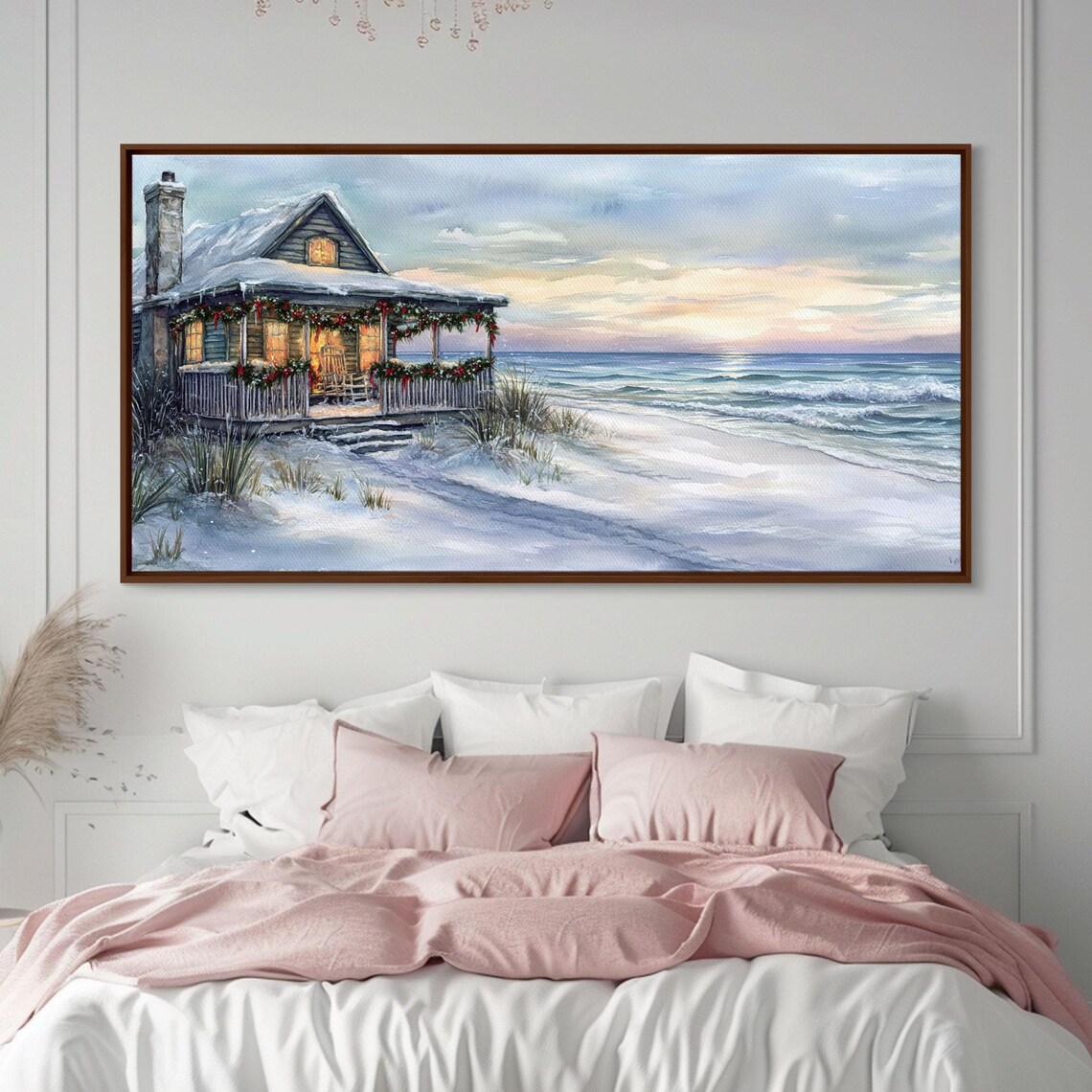 Snowy Beach Cottage Christmas Garland Porch Ocean Sunset Art Print - Image 2