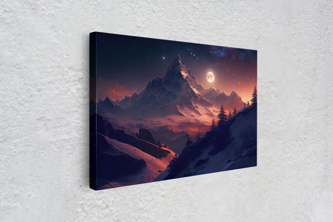 Mt Everest Watercolor Art Print, Full Moon Landscape - Image 4