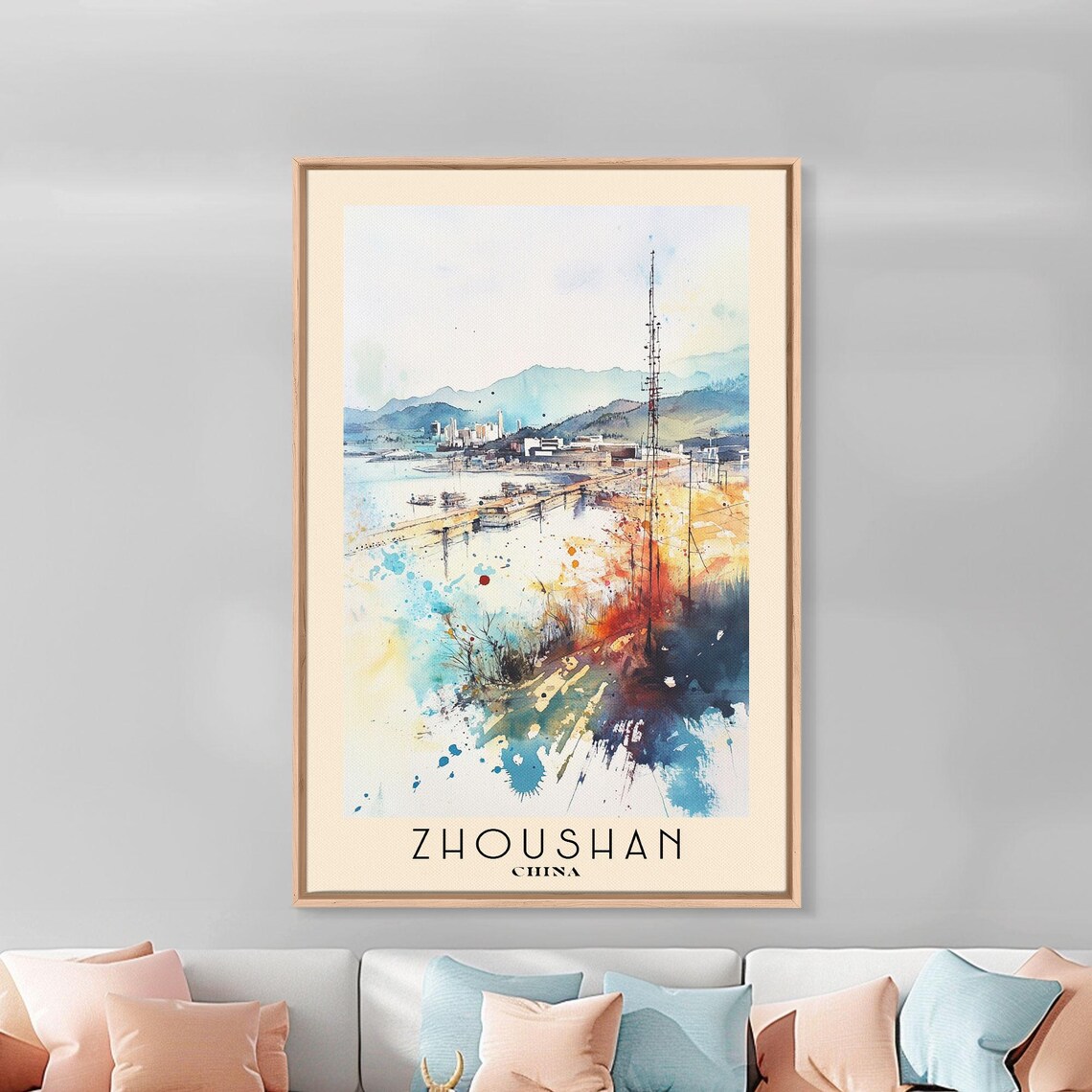 Zhoushan China Watercolor Harbor Mountain Bay View Travel Poster - Image 2