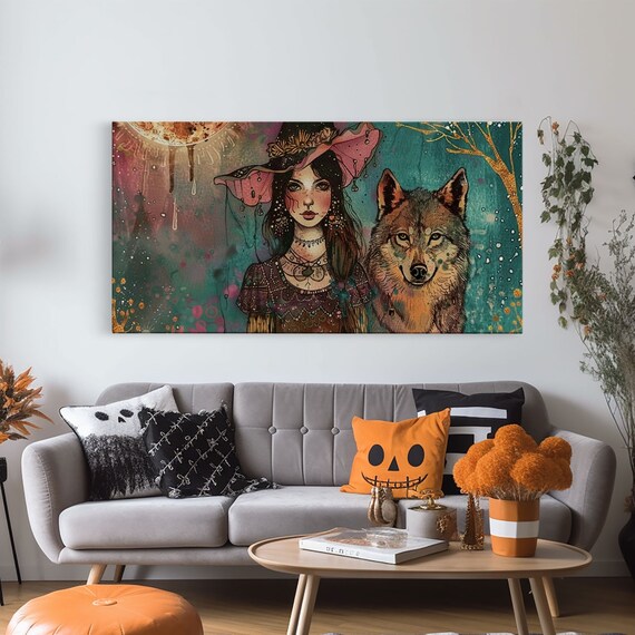 Witch And Wolf Familiar Portrait Gold Moon Dark Academia Halloween Wall Art