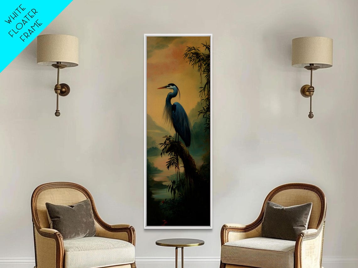 Blue Heron Sunset Perched Above Lake Oriental Style Bird Wall Art - Image 6