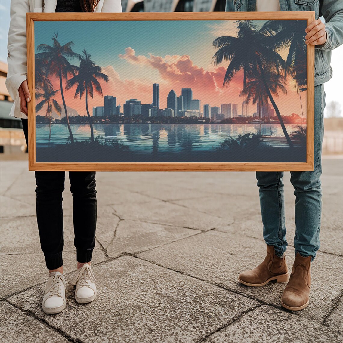 Miami Skyline Sunrise Palm Trees Cityscape Over Water Travel Poster - Image 5