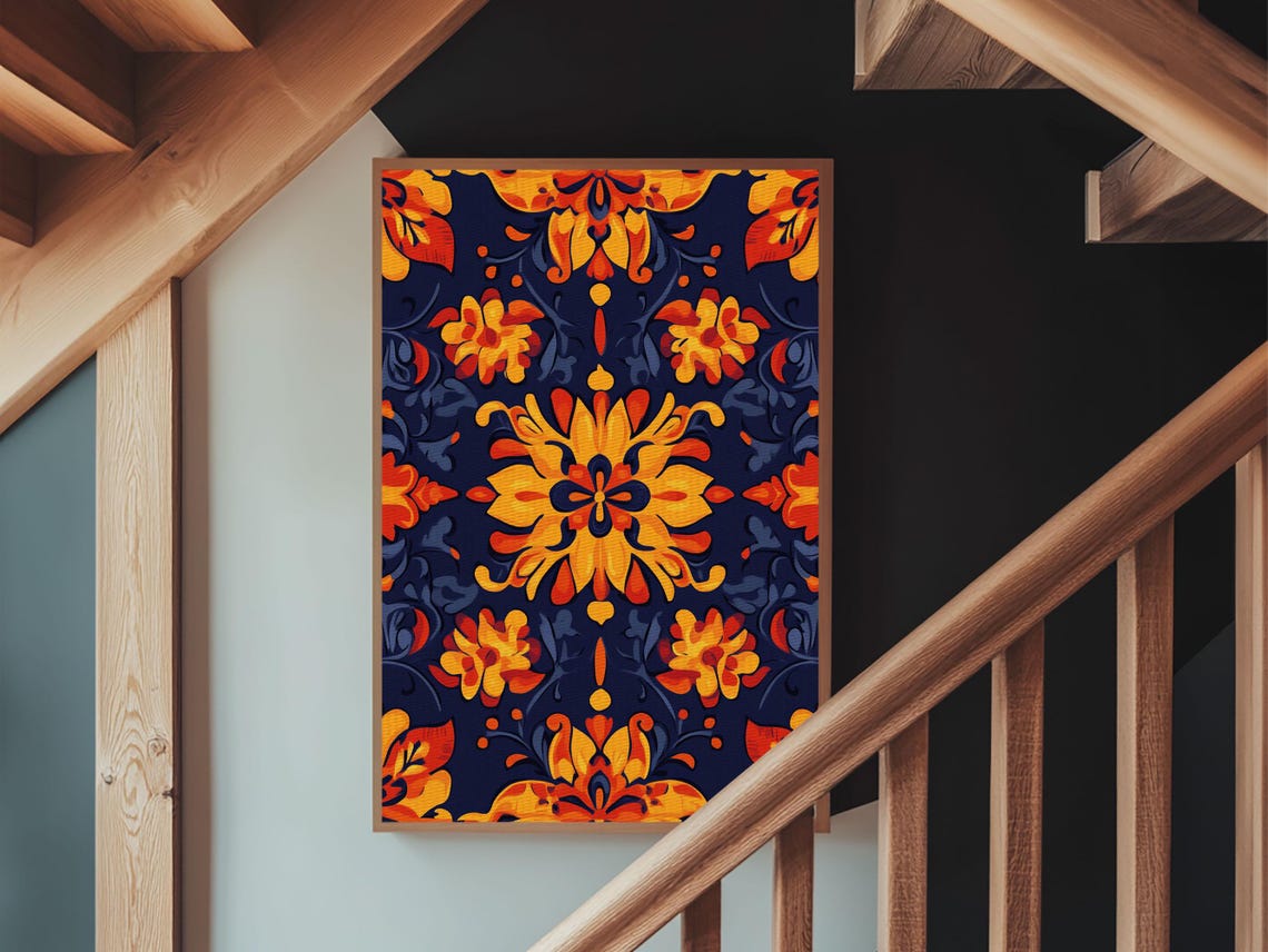 Mexican Talavera Tile Floral Pattern Bold Orange Navy Art Print - Image 4