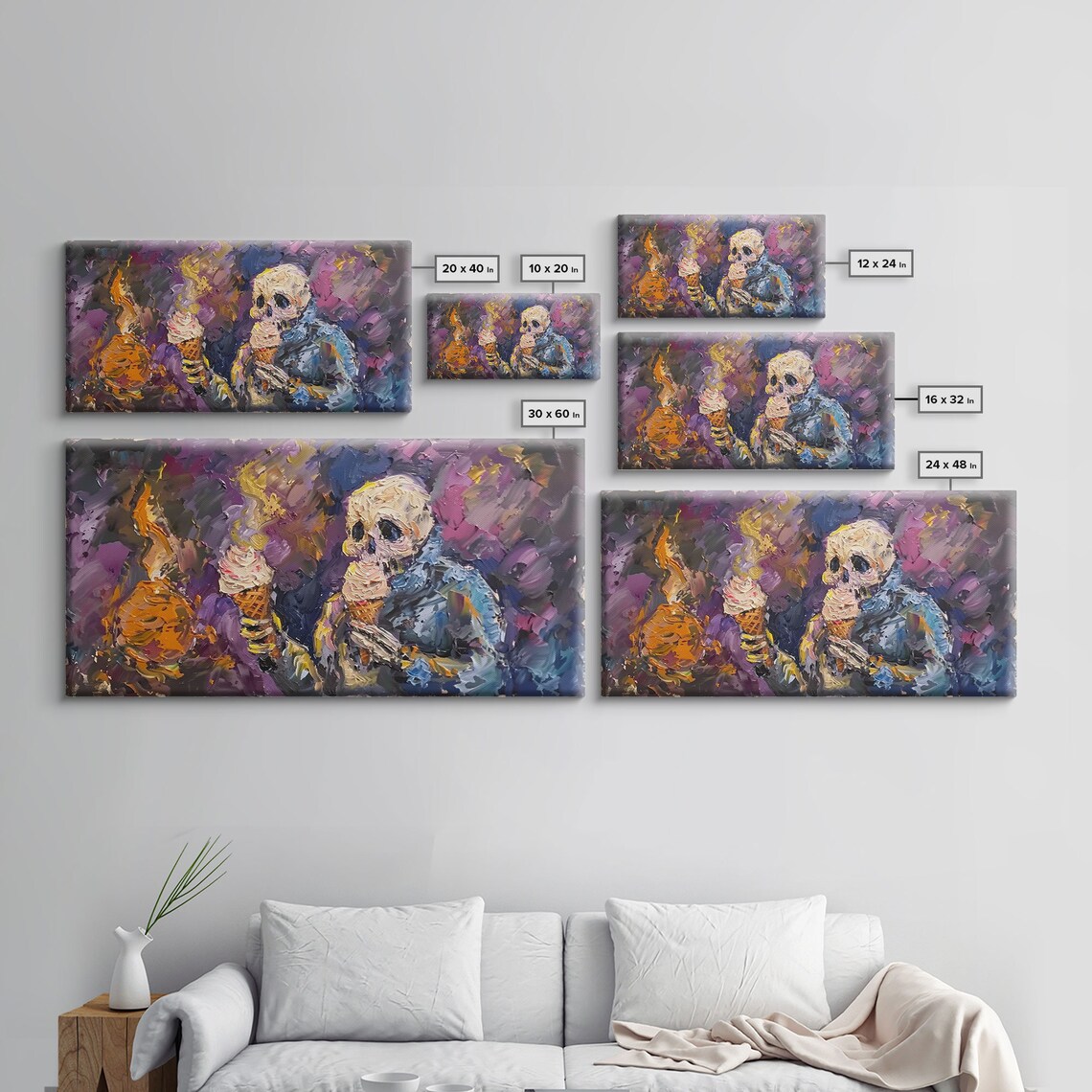 Funny Skeleton Eating Two Ice Cream Cones Impressionist Spooky Wall Art - Image 2