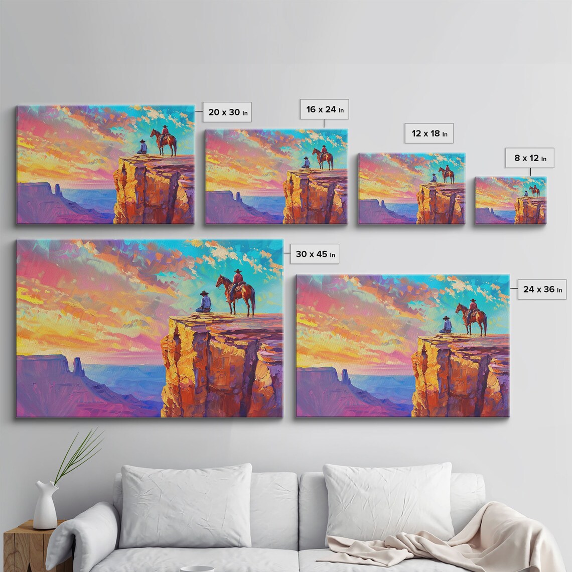 Two Cowboys Canyon Cliff Sunset Horses Colorful Western Poster - Image 2