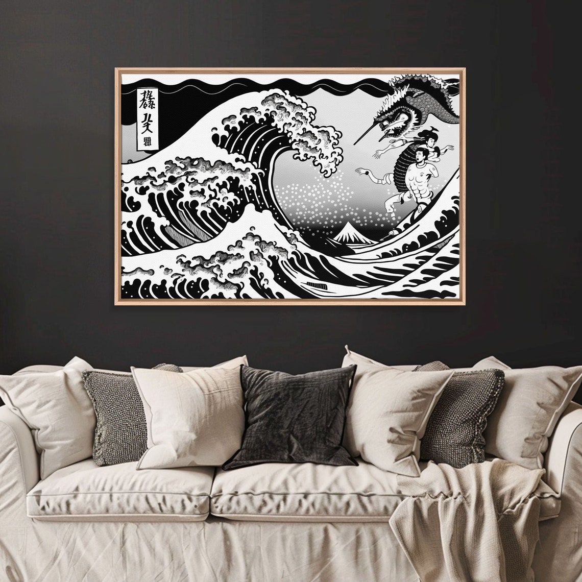 Beautiful Black And White Ocean Wave Wall Art Framed Print Retro Japanese Inspired Hokusai Style Wave Art - Image 5