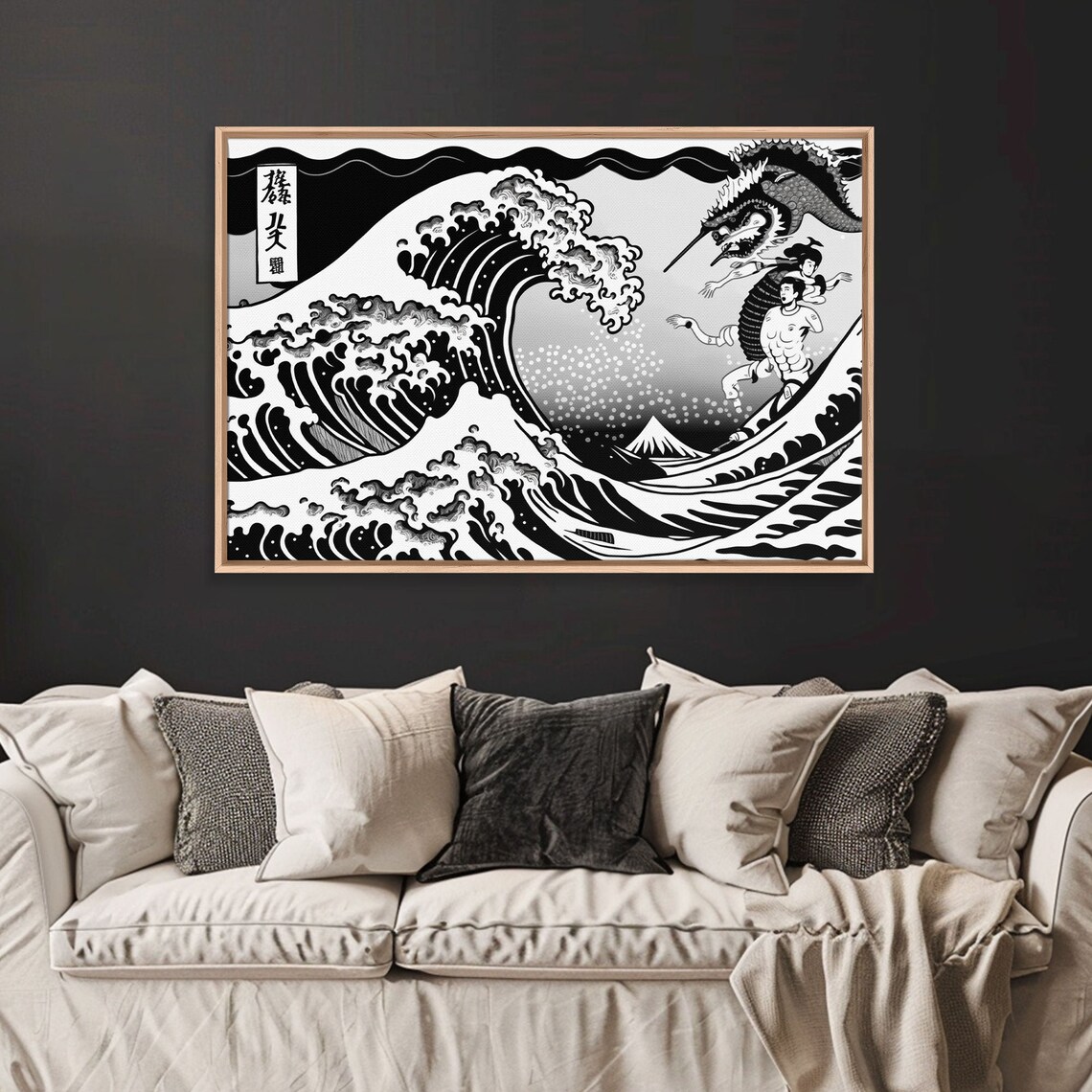 Great Wave Dragon Black White Japanese Woodblock Style Ocean Art Poster - Image 5