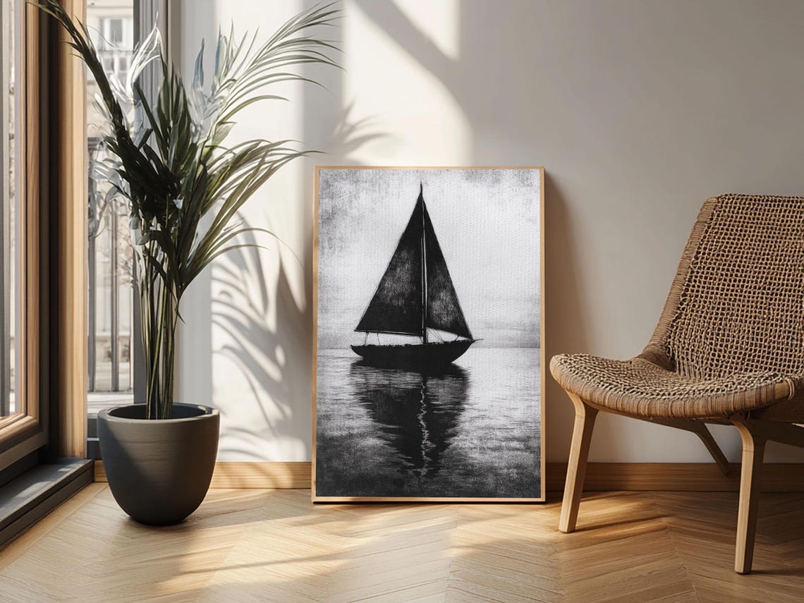 Black And White Sailboat Silhouette Minimalist Nautical Art Print