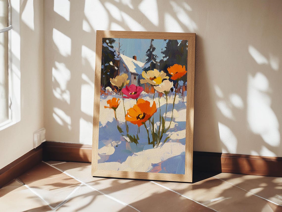 Wildflowers In Snow Orange Poppies Winter Cottage Art Poster - Image 5