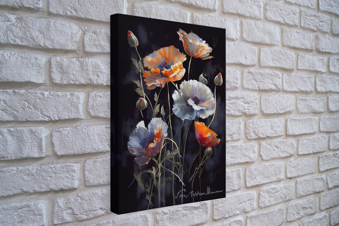 Orange White Poppy Flowers Moody Black Background Floral Oil Poster - Image 4