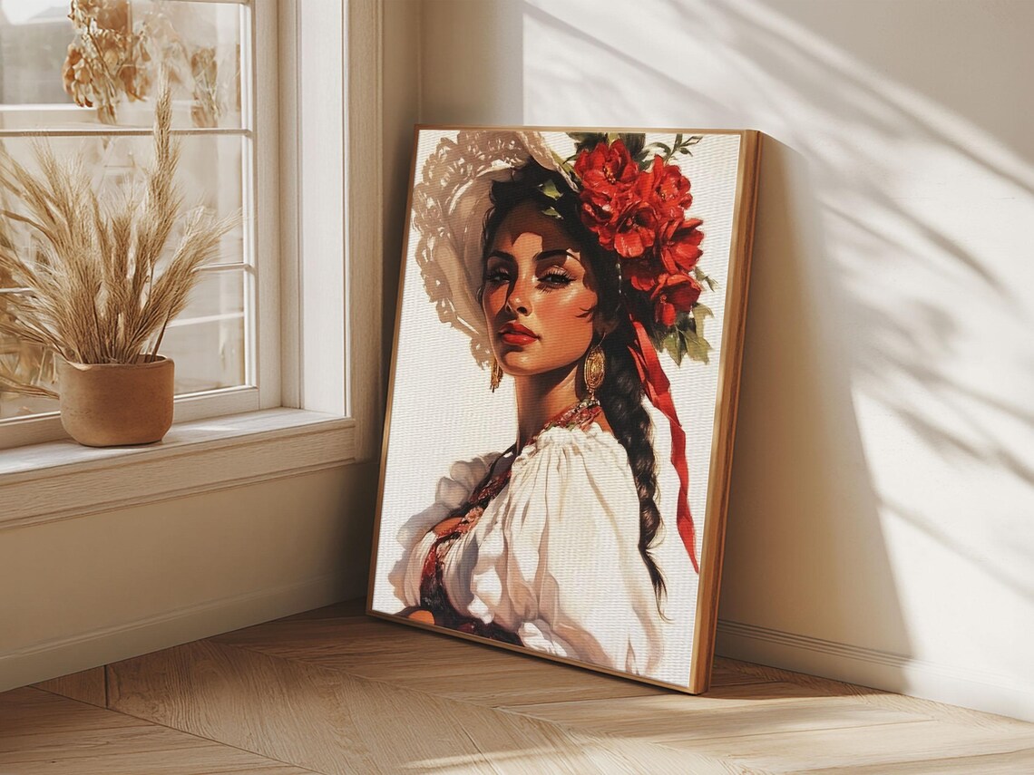 Latina Woman Portrait With Red Flowers In Hair Maximalist Wall Art - Image 5