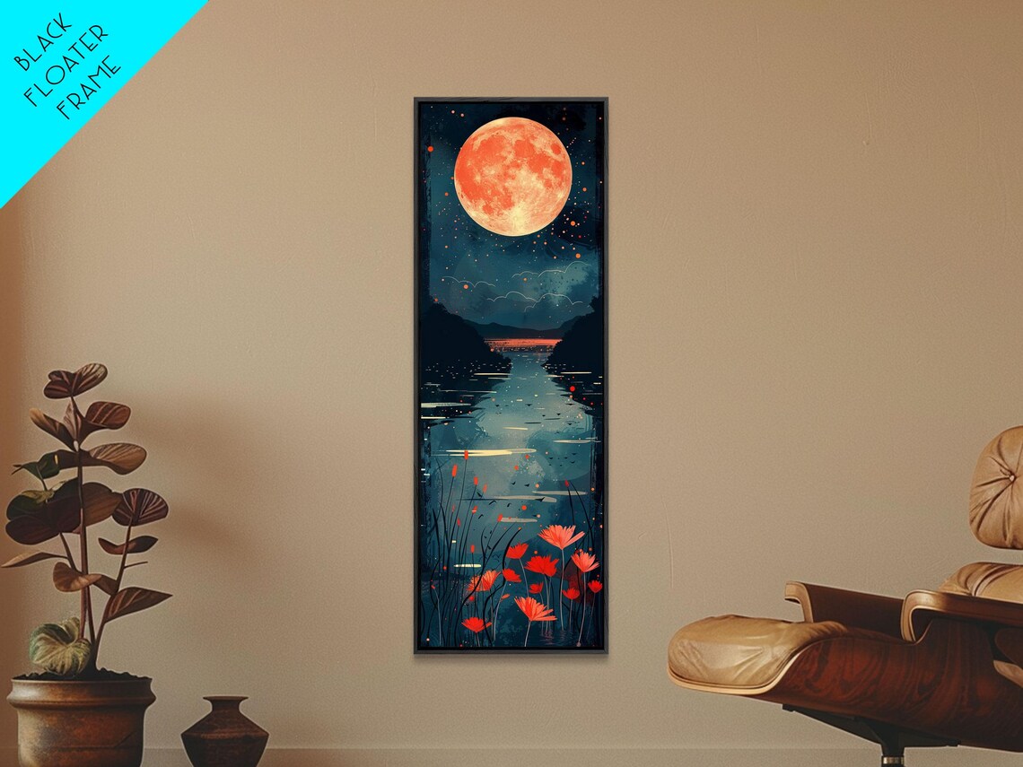 Vibrant Full Moon Over Lake Night Reflection Floral Art Print - Image 5