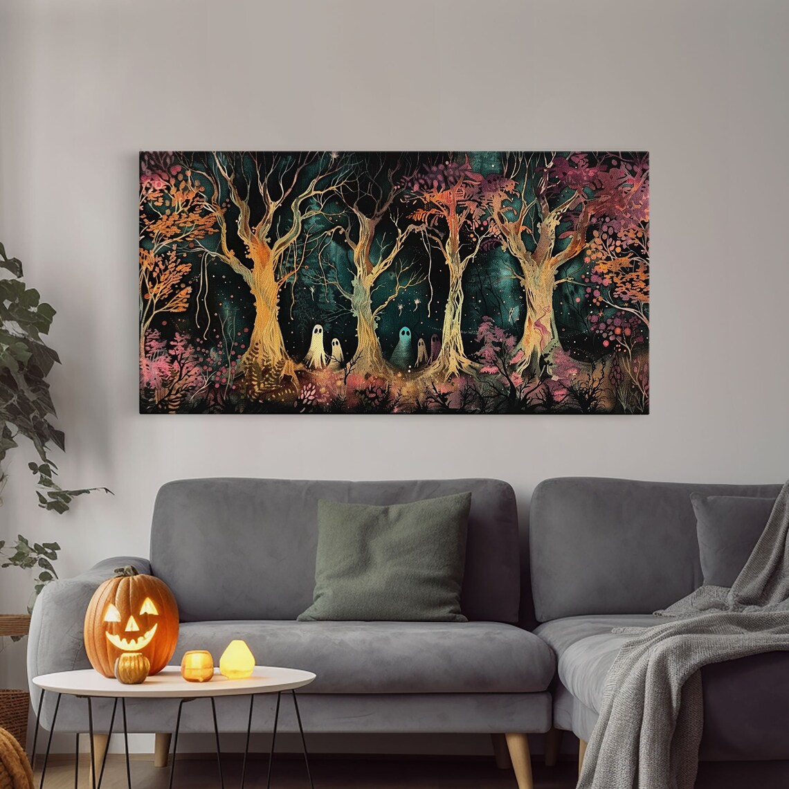 Spooky Ghosts Autumn Trees Glowing Night Forest Pink Foliage Halloween Print - Image 4