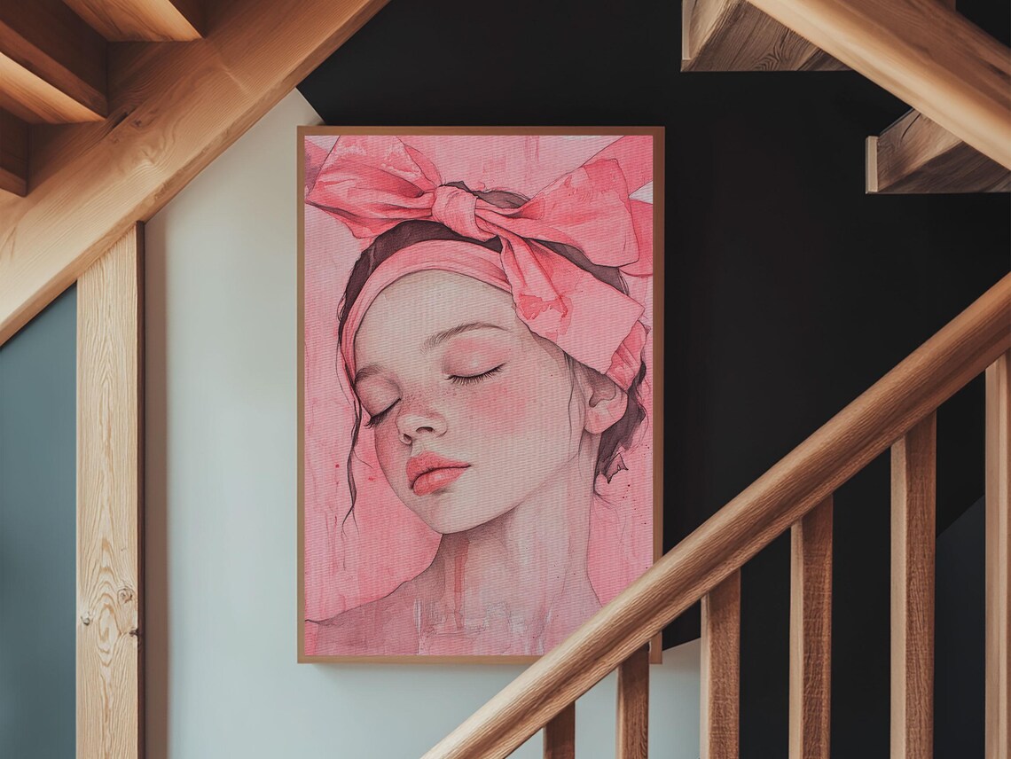 Pink Bow Girl Portrait Watercolor Dreamy Feminine Blush Wall Poster - Image 2