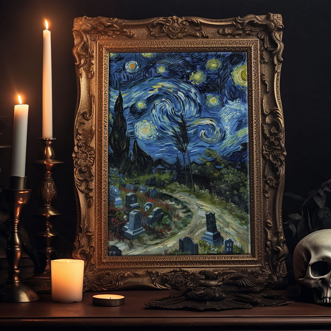 Starry Night Haunted Cemetery Graveyard Spooky Halloween Art Poster - Image 5
