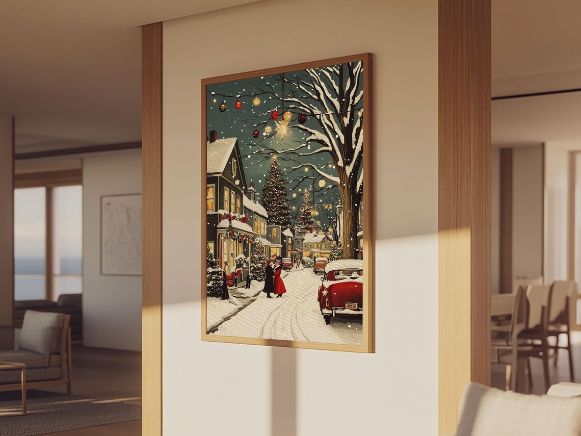 Vintage Christmas Village Street Snowy Night Ornament Light Poster - Image 3
