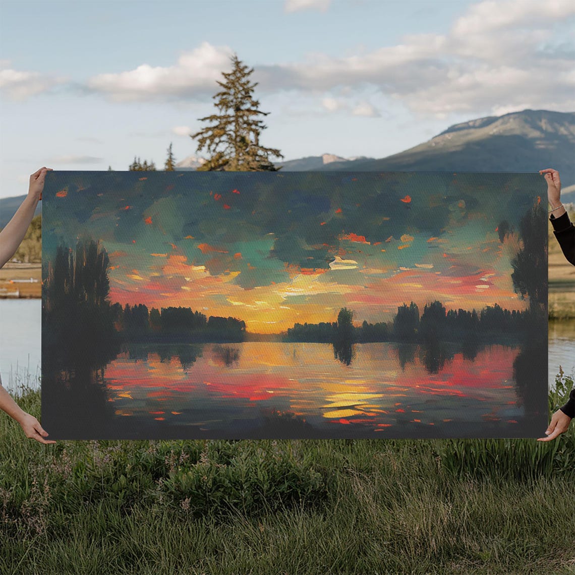 Sunset Over Lake Colorful Clouds Reflection Evening Sky Art Poster