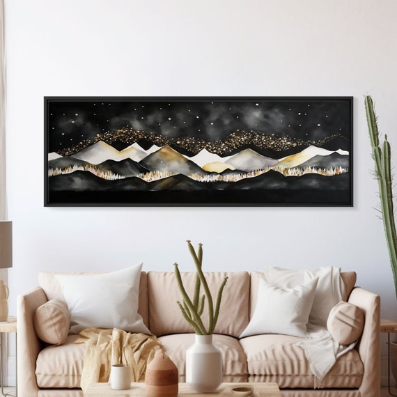 Black Gold Mountain Landscape Painting Framed Print Panoramic Art Extra Wide Art Center Piece Decor Above Fireplace Or Sofa
