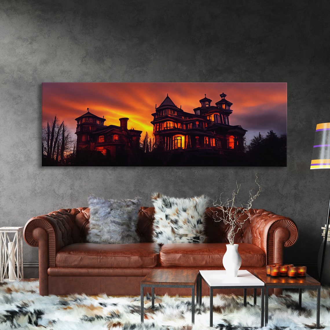 Spooky Victorian Haunted House At Sunset With Glowing Windows Wall Art - Image 3