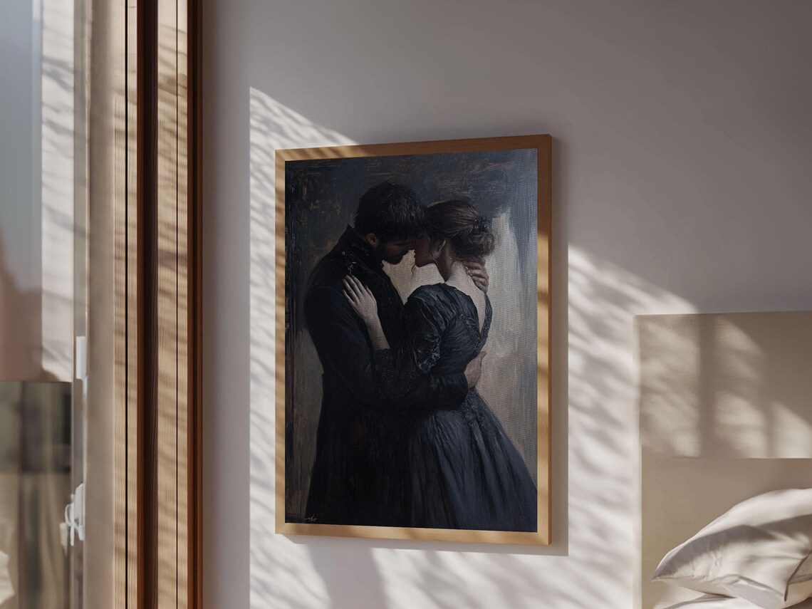 Dark Romance Couple Embrace Oil Painting Moody Victorian Wall Art Print - Image 3