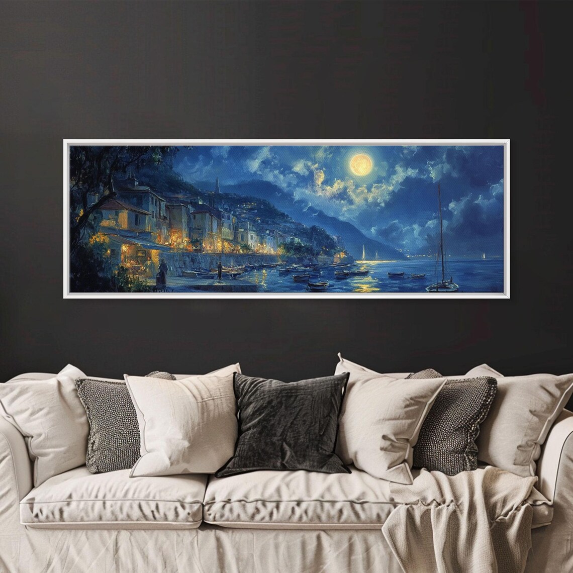 Italian Fishing Village Moonlit Harbor Full Moon Night Seascape Poster - Image 5