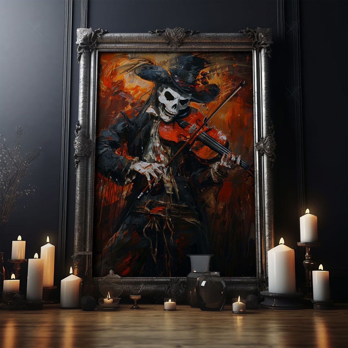 Skeleton Violinist In Top Hat Playing Against Fiery Night Poster - Image 5