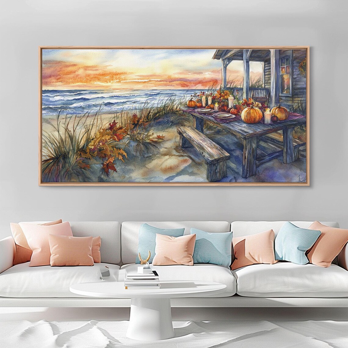 Beach Thanksgiving Table Pumpkins, Coastal Fall Art Print - Image 2