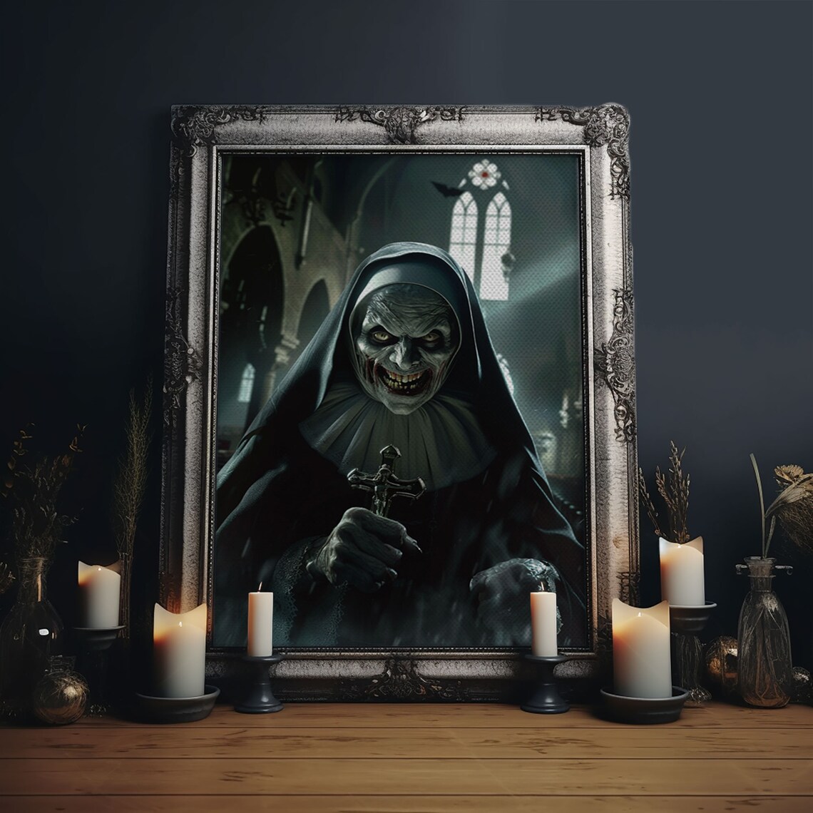 Sinister Grinning Nun With Crucifix In Haunted Church Horror Poster