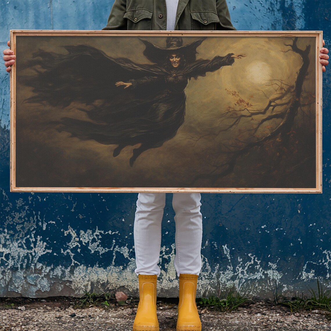 Flying Witch Swirling Stormy Night Sky Dark Cape Halloween Art Poster - Image 6