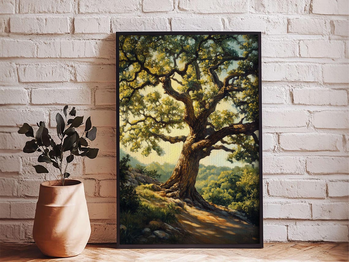 Majestic Oak Tree Sunlit Hillside Rustic Landscape Oil Painting Poster - Image 5