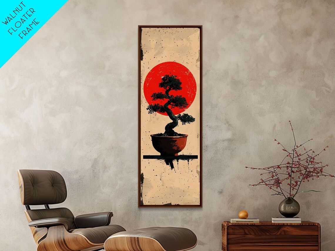 Print Bonsai Tree Silhouette Against Red Sun Minimalistic Japanese Style Art For Modern Home Wall Decoration - Image 2
