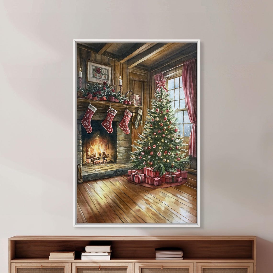 Cozy Farmhouse Christmas Interior With Tree Stockings Fireplace Poster - Image 2
